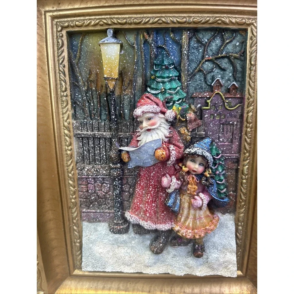 Santa Little Girl In The Snow Christmas Tree Gold Framed Vintage 3D Picture